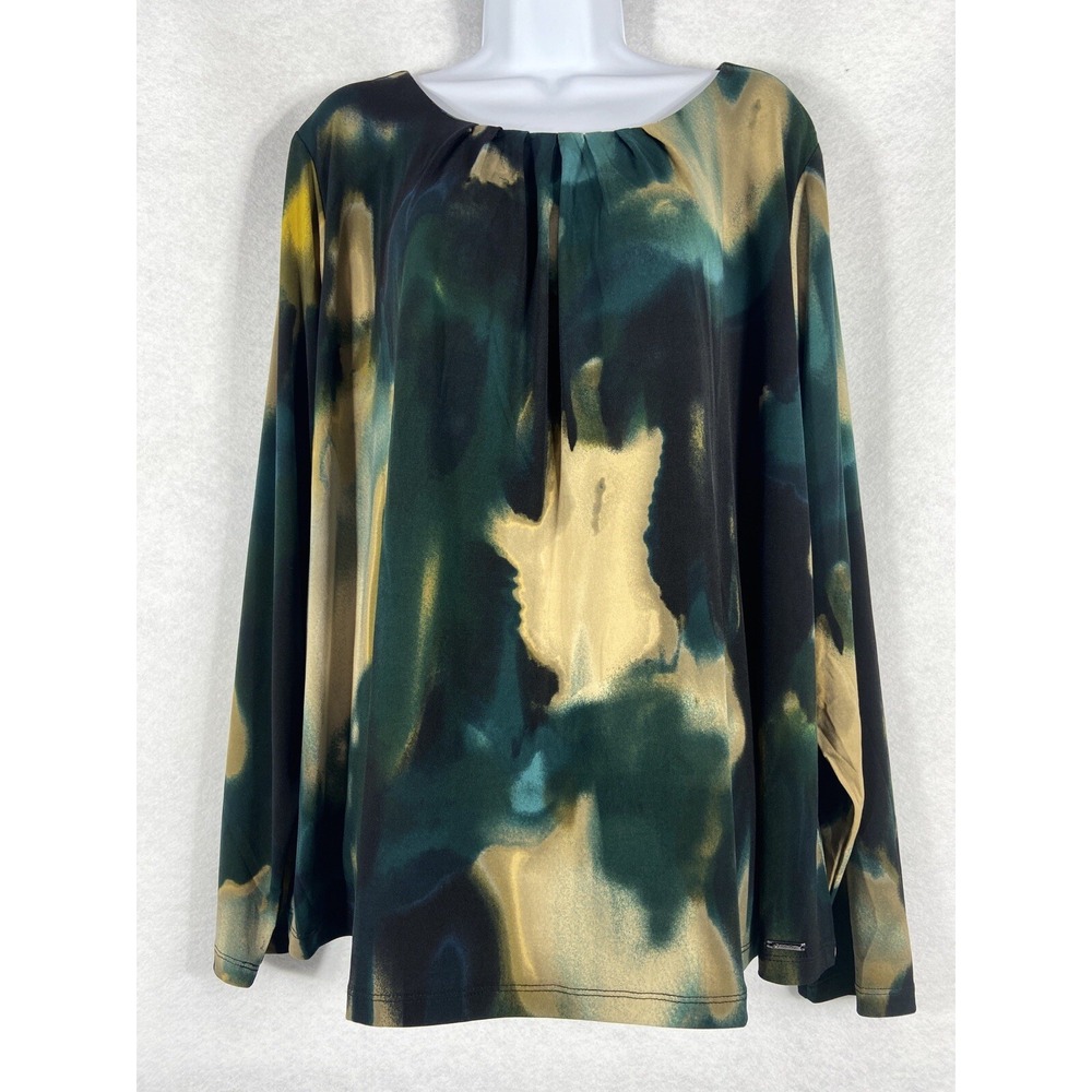 Calvin‎ Klein Top Women's 2X Green Long Sleeve Stretch Jersey Abstract New